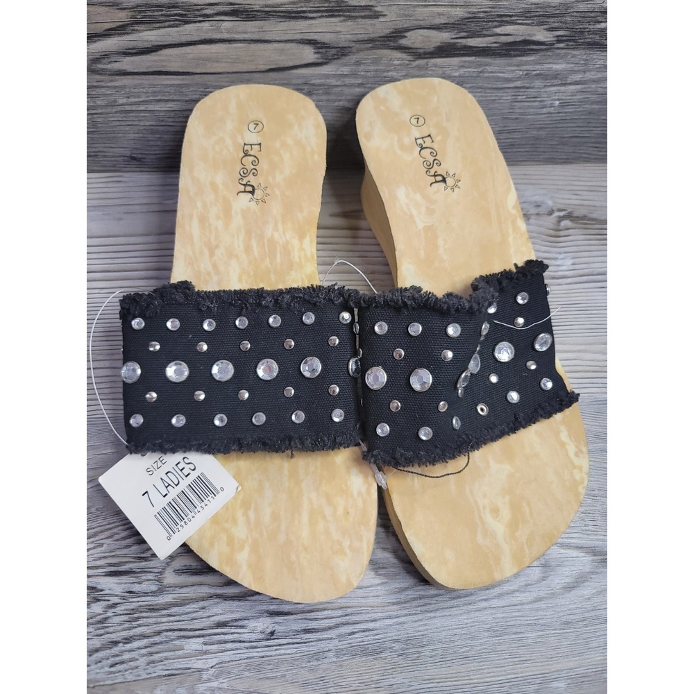 Woman wedge soft cork like summer sandals size 7. Black, rhinestones NEW